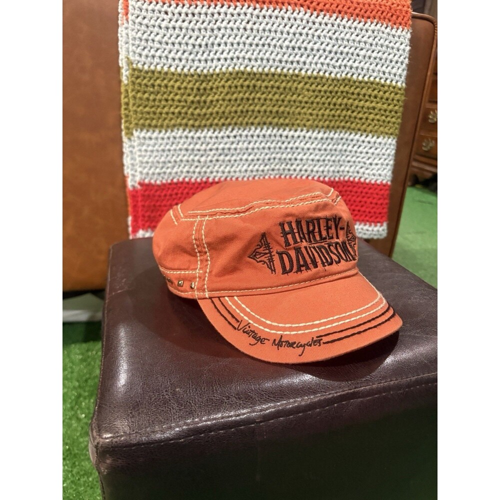 Harley Davidson Womens Orange Hat Cadet Cap Vintage Motorcycles Biker Studded